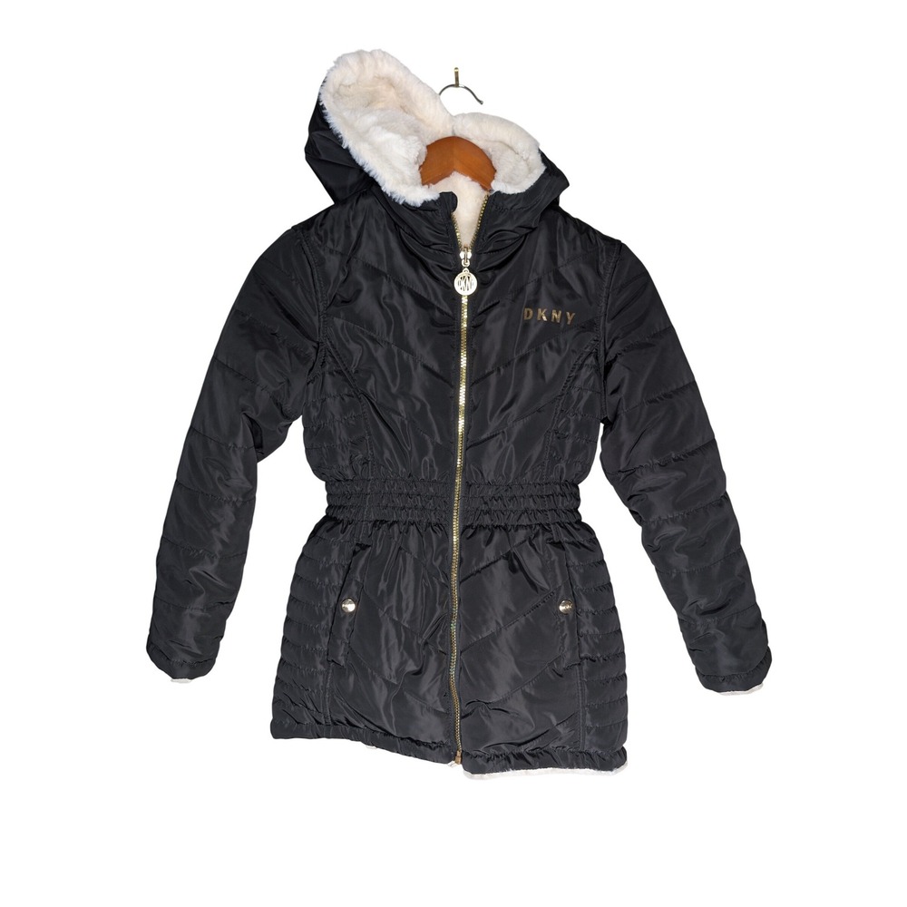 DKNY Girls Reversible Faux Fur Puffer Jacket Black White Gold Size M 10 12 Coat